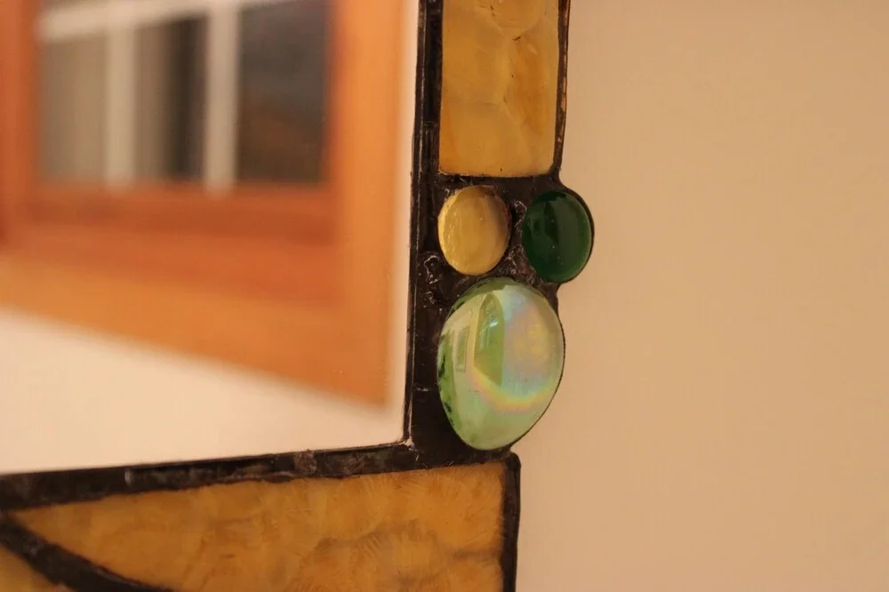 Mary Ann Molinaro Stained Glass Mirror Shell Detail Vintage Amber Yellow Art